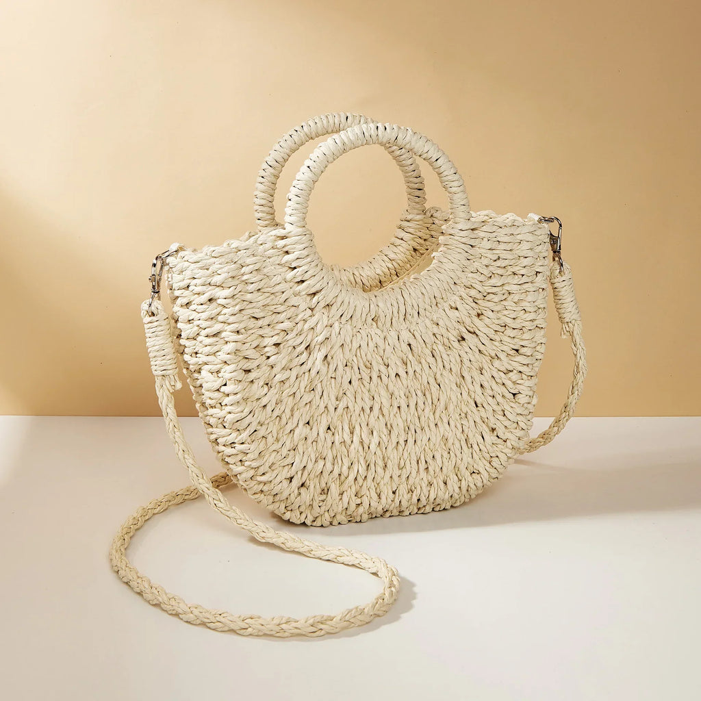 Sac en osier demi-lune femme, anses rigides et bandoulière, crème