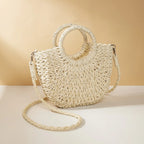 Sac en osier demi-lune femme, anses rigides et bandoulière, crème