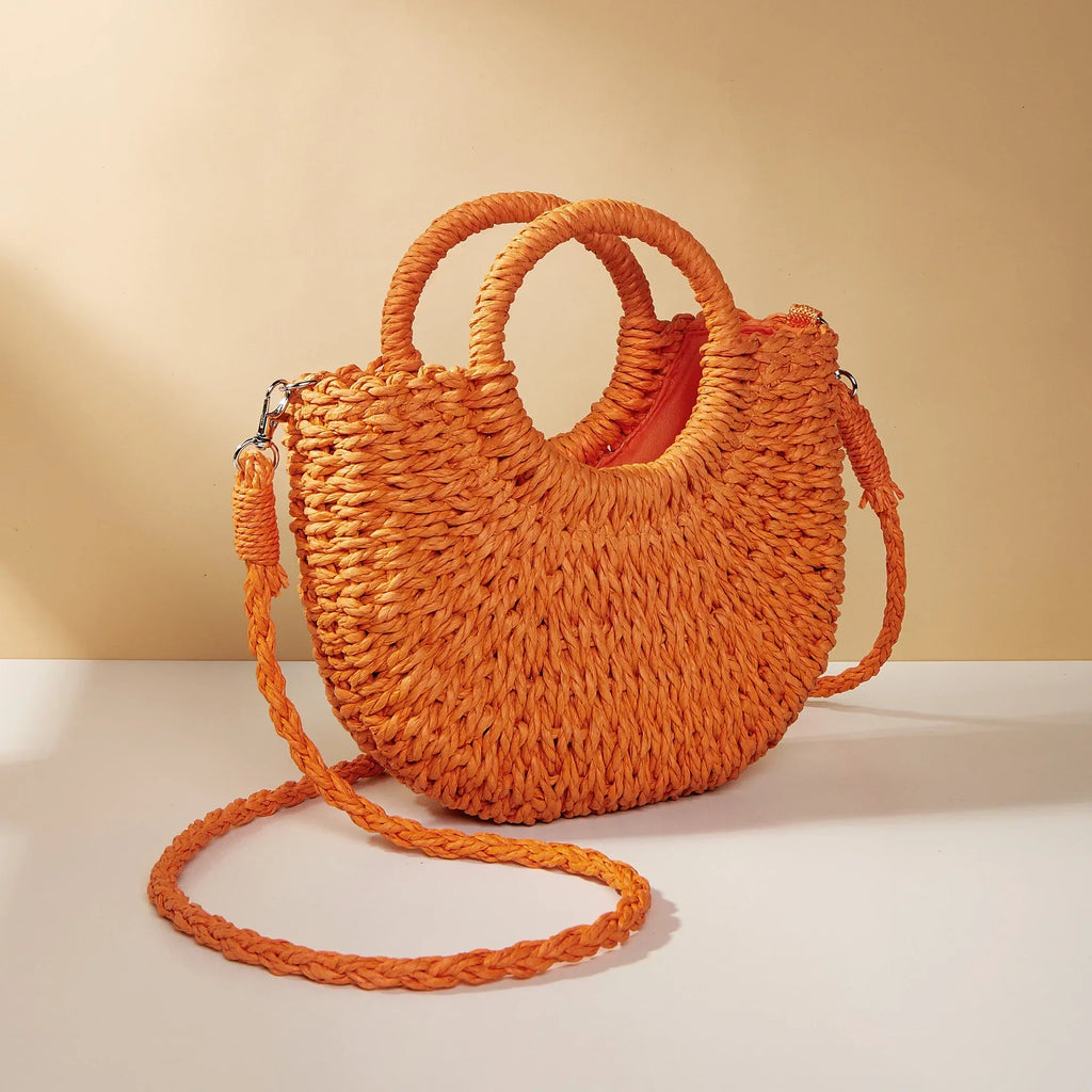 Sac en osier demi-lune femme, anses rigides et bandoulière