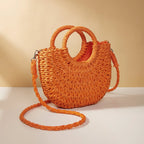 Sac en osier demi-lune femme, anses rigides et bandoulière