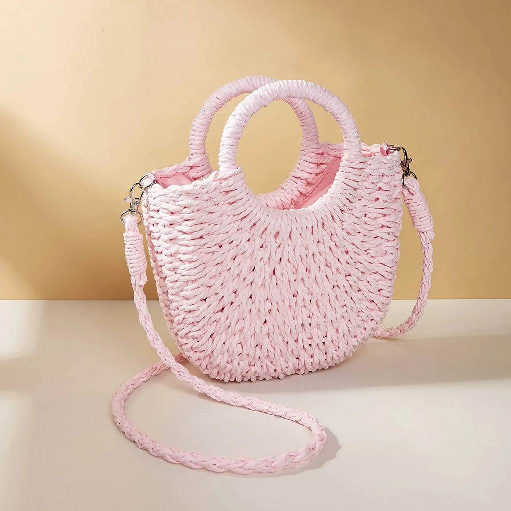 Sac en osier demi-lune femme, anses rigides et bandoulière, rose pâle