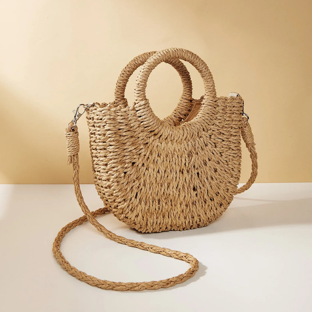 Sac en osier demi-lune femme, anses rigides et bandoulière, beige
