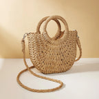 Sac en osier demi-lune femme, anses rigides et bandoulière, beige