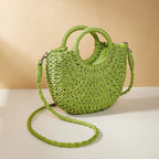 Sac en osier demi-lune femme, anses rigides et bandoulière, vert