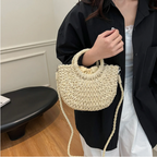 Sac en osier demi-lune femme, anses rigides et bandoulière