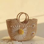 Sac panier en paille femme à fleurs, anses rondes en bois