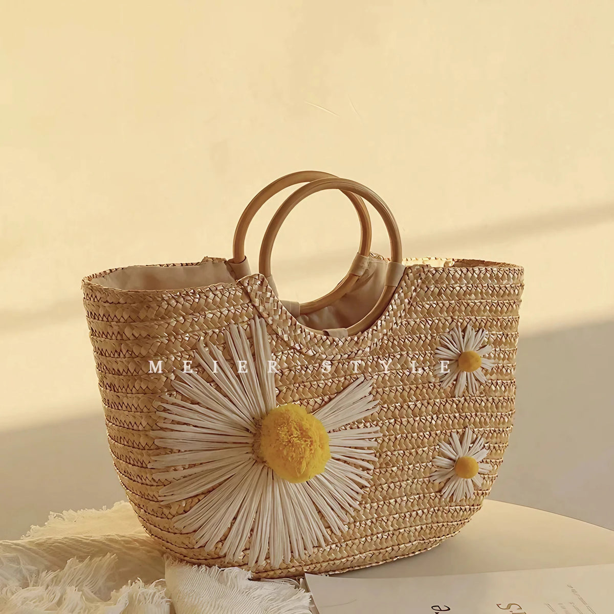 Sac panier en paille femme à fleurs, anses rondes en bois