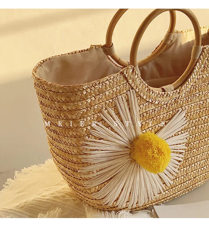 Sac panier en paille femme à fleurs, anses rondes en bois