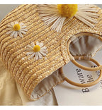 Sac panier en paille femme à fleurs, anses rondes en bois