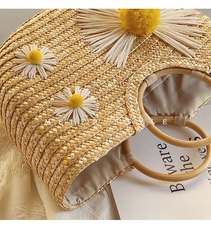 Sac panier en paille femme à fleurs, anses rondes en bois