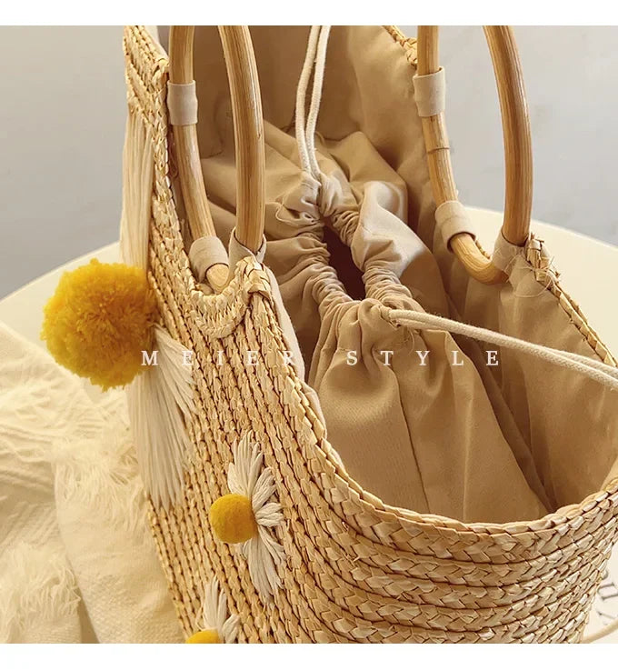 Sac panier en paille femme à fleurs, anses rondes en bois