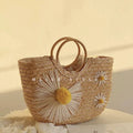 Sac panier en paille femme à fleurs, anses rondes en bois, marguerites