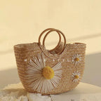 Sac panier en paille femme à fleurs, anses rondes en bois, marguerites