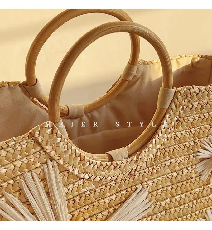Sac panier en paille femme à fleurs, anses rondes en bois