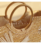 Sac panier en paille femme à fleurs, anses rondes en bois
