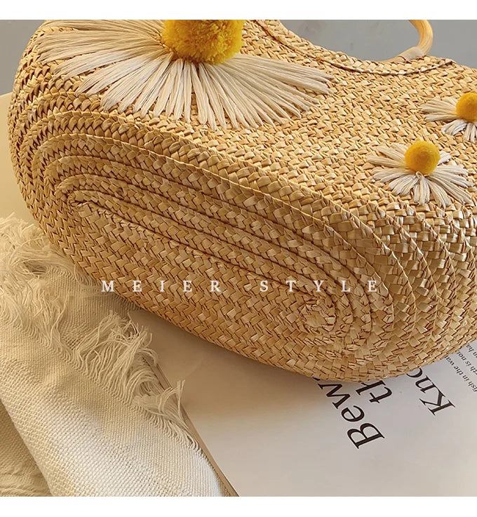 Sac panier en paille femme à fleurs, anses rondes en bois