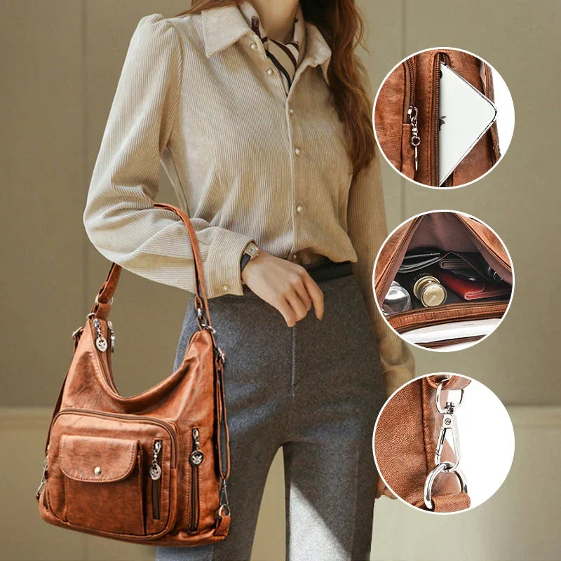 Sac porté épaule femme en cuir souple, multipoches, zippé