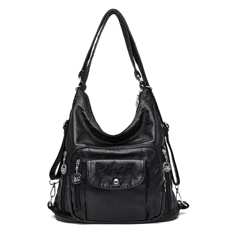 Sac porté épaule femme en cuir souple, multipoches, zippé, noir