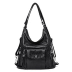Sac porté épaule femme en cuir souple, multipoches, zippé, noir