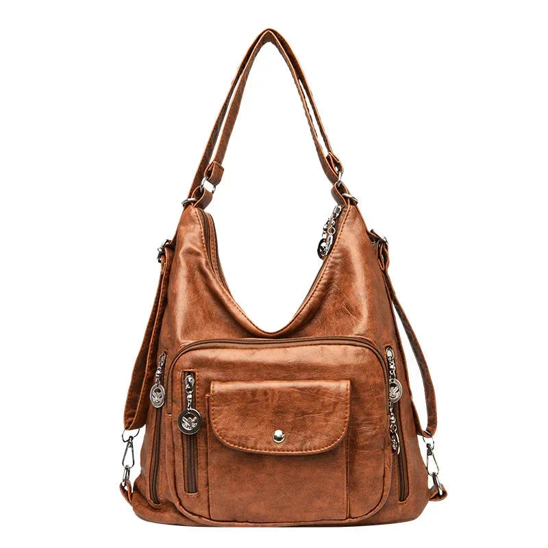 Sac porté épaule femme en cuir souple, multipoches, zippé, brun
