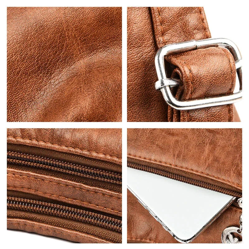 Sac porté épaule femme en cuir souple, multipoches, zippé