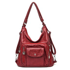 Sac porté épaule femme en cuir souple, multipoches, zippé, rouge vin