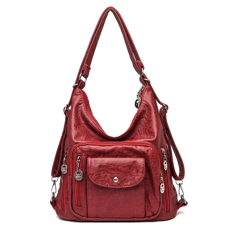 Sac porté épaule femme en cuir souple, multipoches, zippé, rouge vin