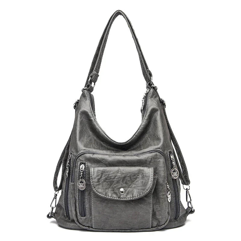 Sac porté épaule femme en cuir souple, multipoches, zippé, gris