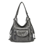 Sac porté épaule femme en cuir souple, multipoches, zippé, gris