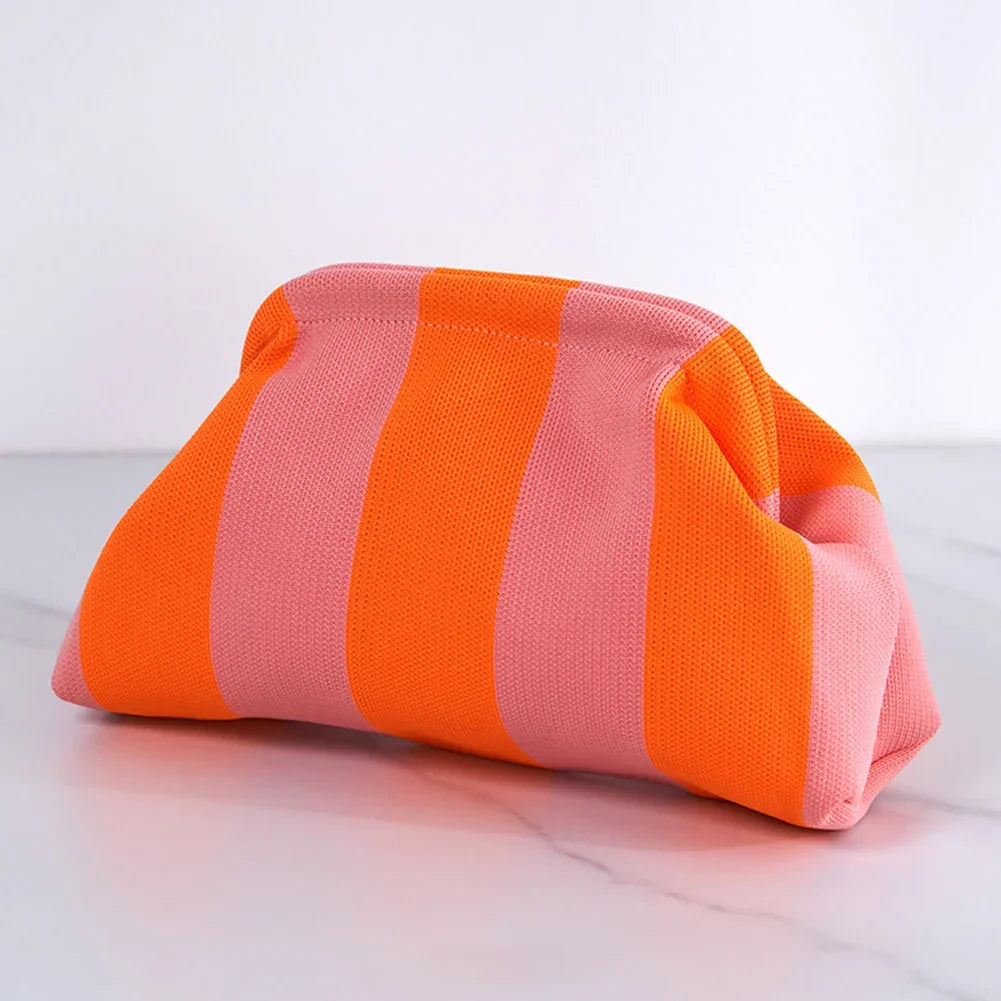 Pochette d'été femme en tissu, rayures ou losanges, fermoir à clip, rayé saumon