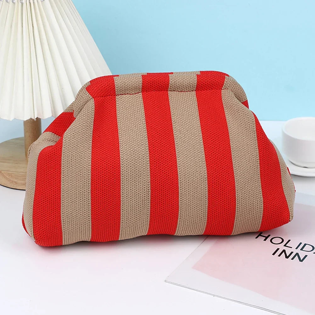 Pochette d'été femme en tissu, rayures ou losanges, fermoir à clip, rayé rouge et beige