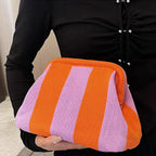 Pochette d'été femme en tissu, rayures ou losanges, fermoir à clip, rayé rose et orange