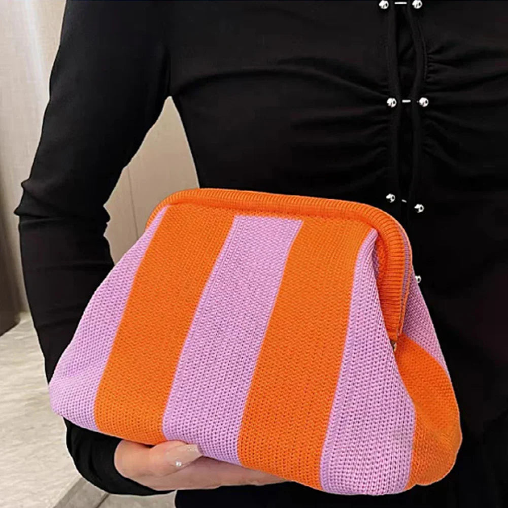 Pochette d'été femme en tissu, rayures ou losanges, fermoir à clip, rayé rose et orange