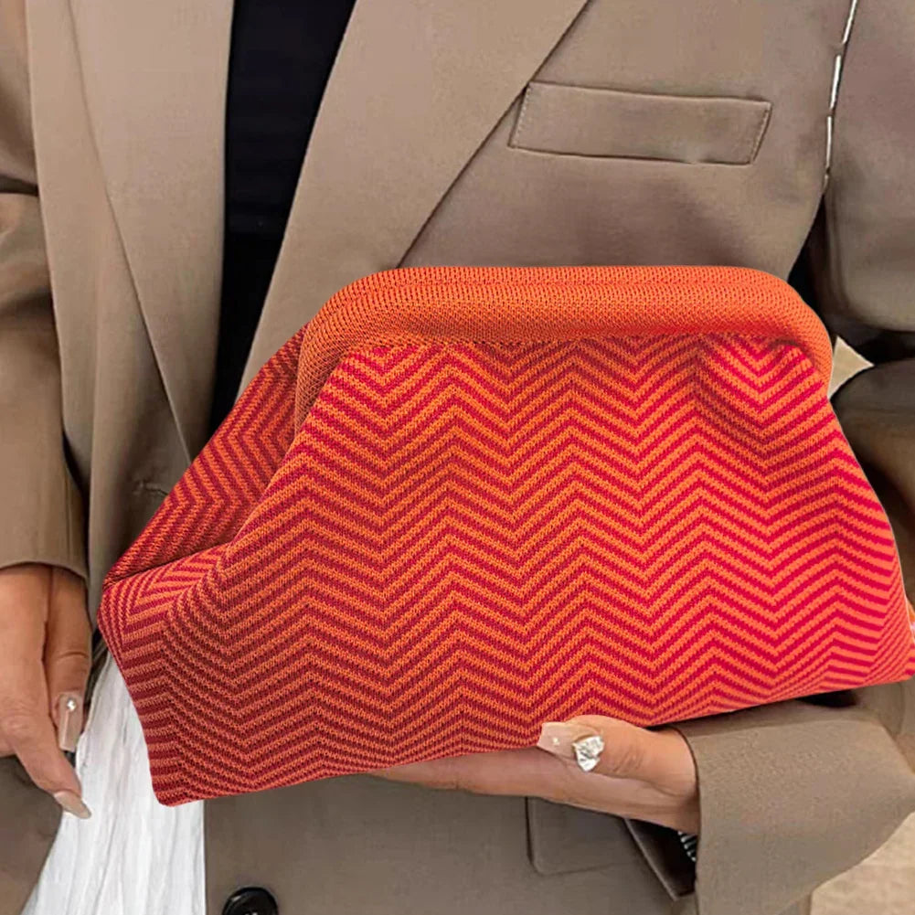 Pochette d'été femme en tissu, rayures ou losanges, fermoir à clip, orange
