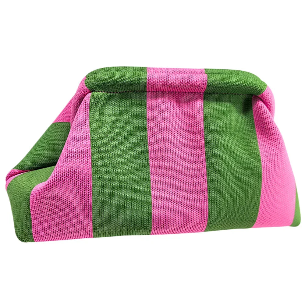 Pochette d'été femme en tissu, rayures ou losanges, fermoir à clip, rayé vert et rose