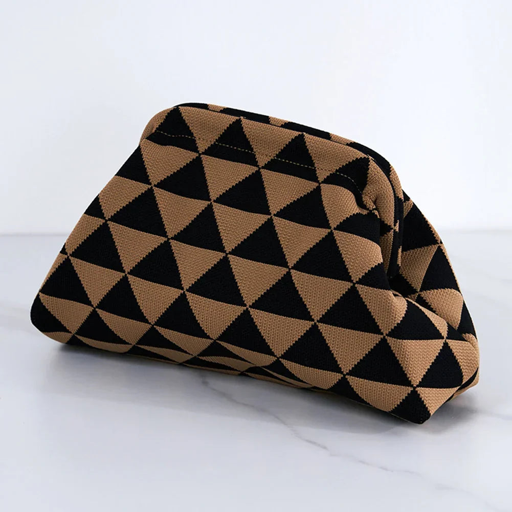 Pochette d'été femme en tissu, rayures ou losanges, fermoir à clip, losange marron