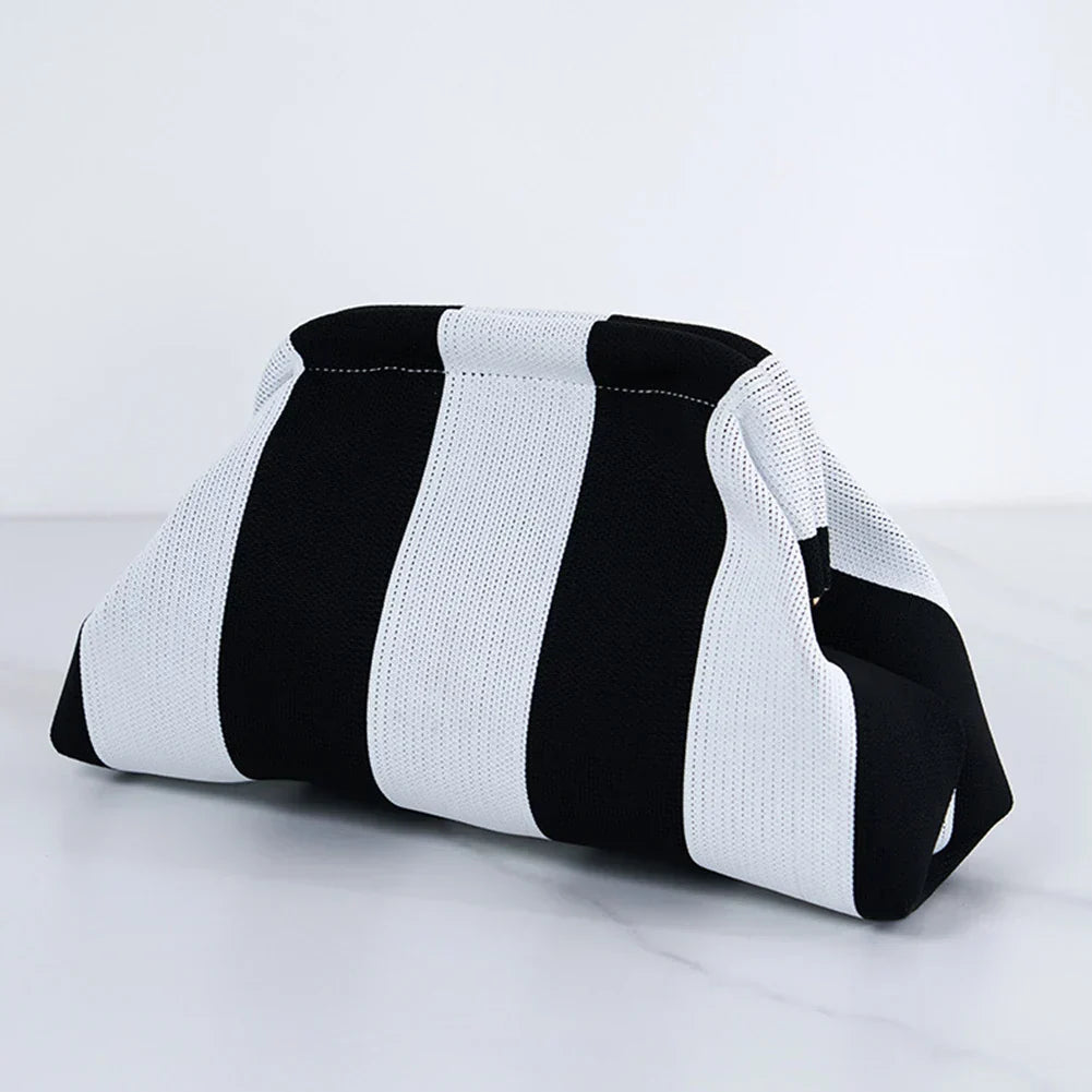 Pochette d'été femme en tissu, rayures ou losanges, fermoir à clip, rayé noir et blanc
