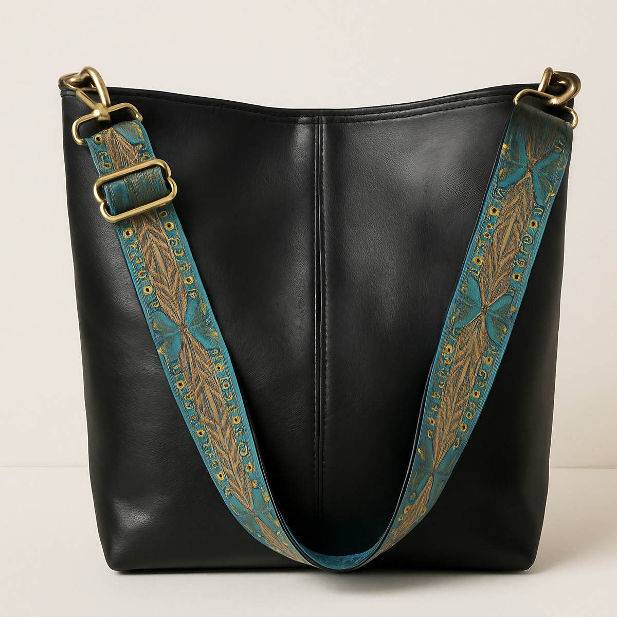 Sac seau femme en similicuir à bandoulière brodée, esprit bohème, noir