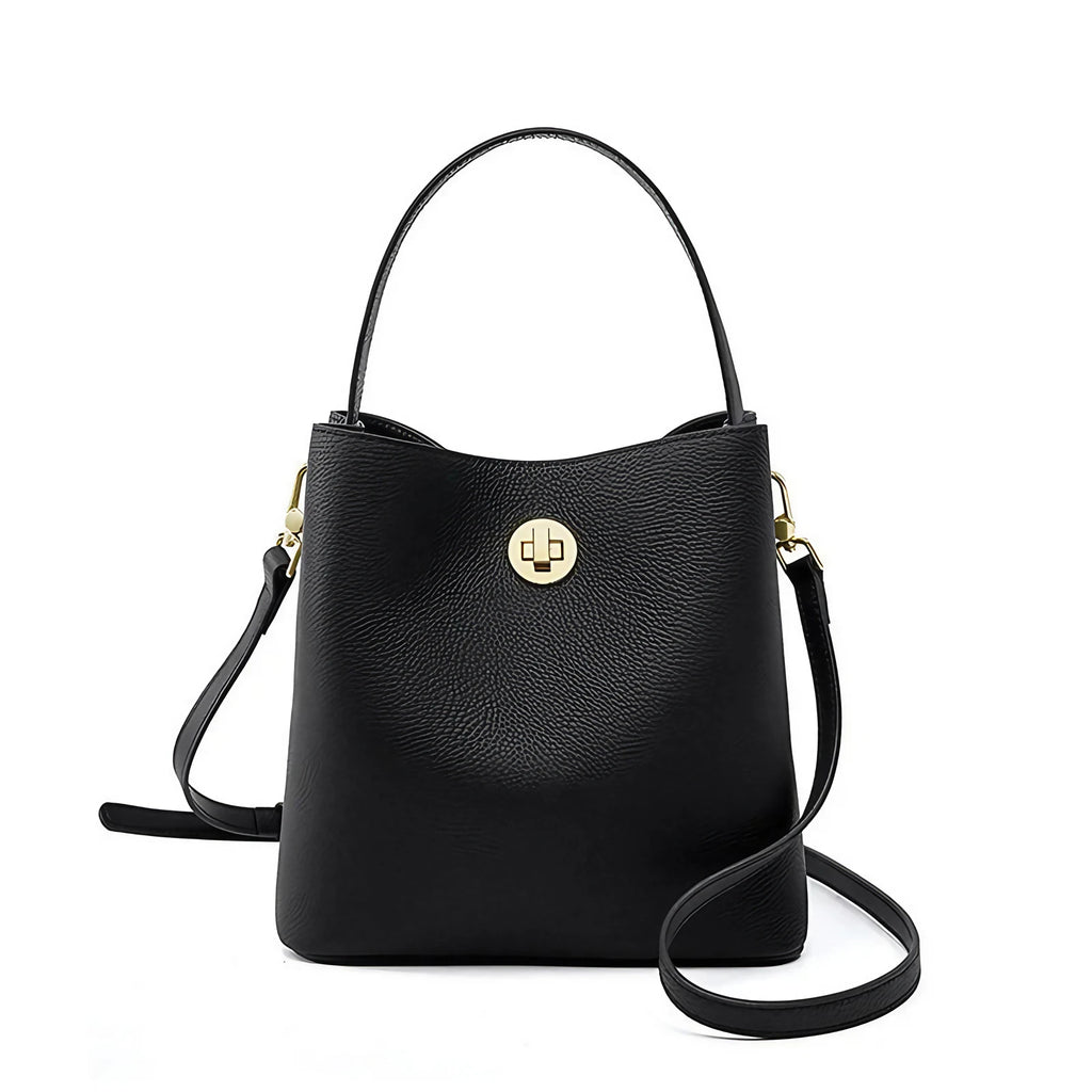 Sac seau femme en cuir grainé, deux sangles amovibles, noir