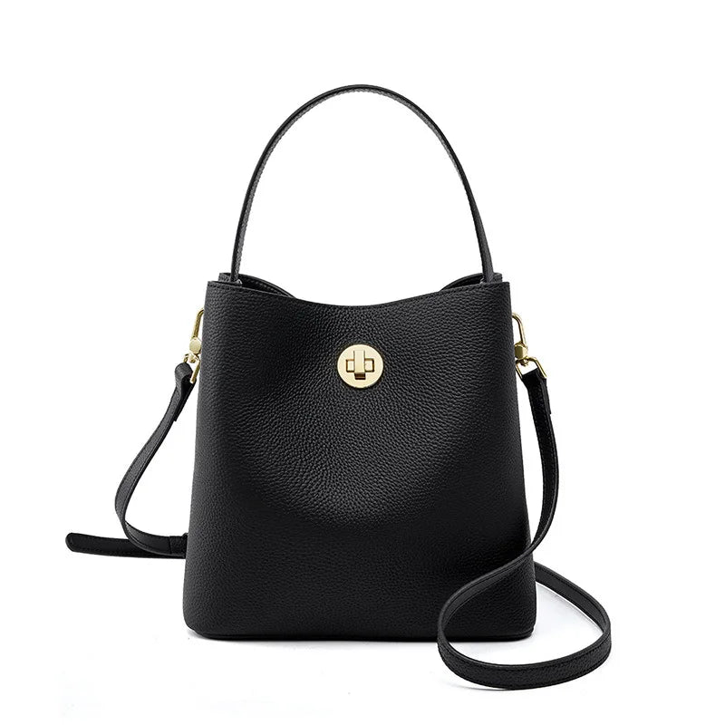 Sac seau femme en cuir grainé, deux sangles amovibles, noir