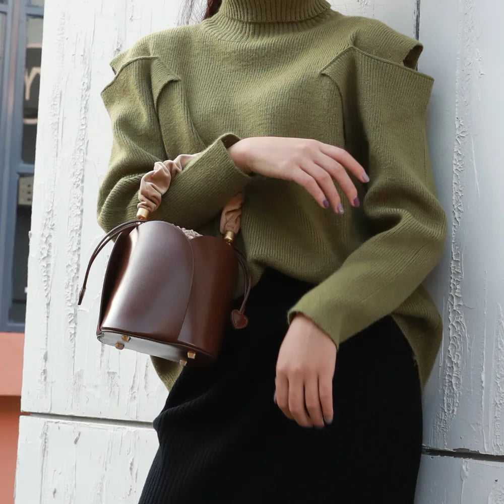 Petit sac seau femme en cuir, deux anses interchangeables