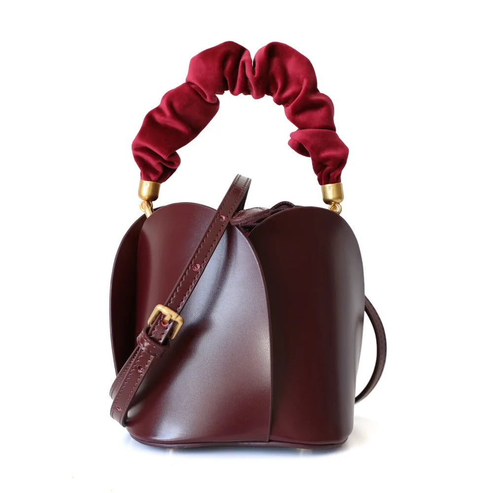 Petit sac seau femme en cuir, deux anses interchangeables, bordeaux