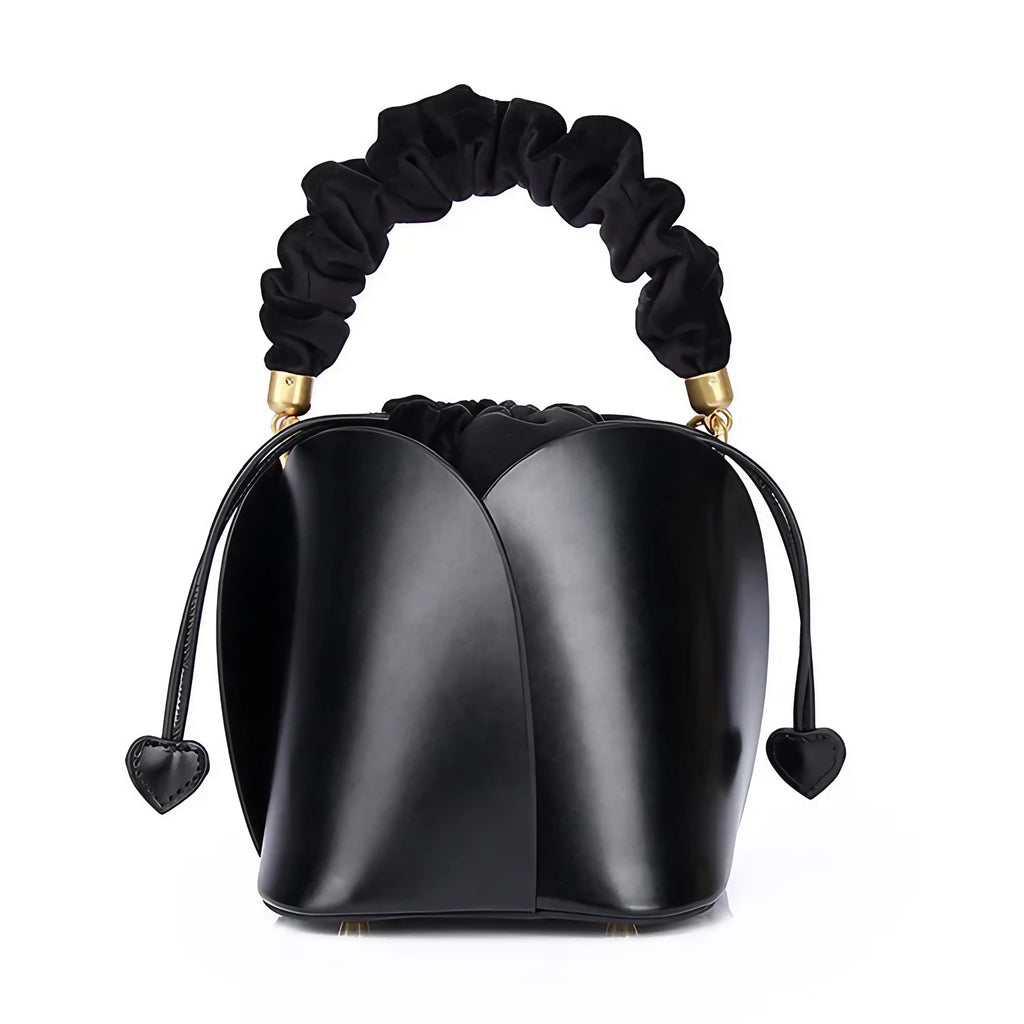 Petit sac seau femme en cuir, deux anses interchangeables, noir