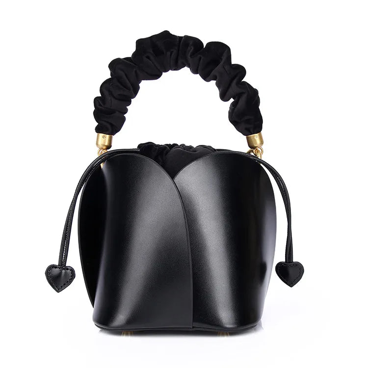 Petit sac seau femme en cuir, deux anses interchangeables, noir