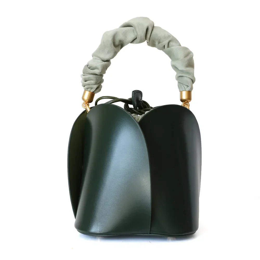 Petit sac seau femme en cuir, deux anses interchangeables, vert