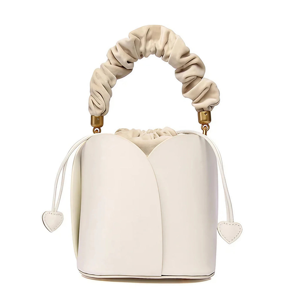 Petit sac seau femme en cuir, deux anses interchangeables, ivoire