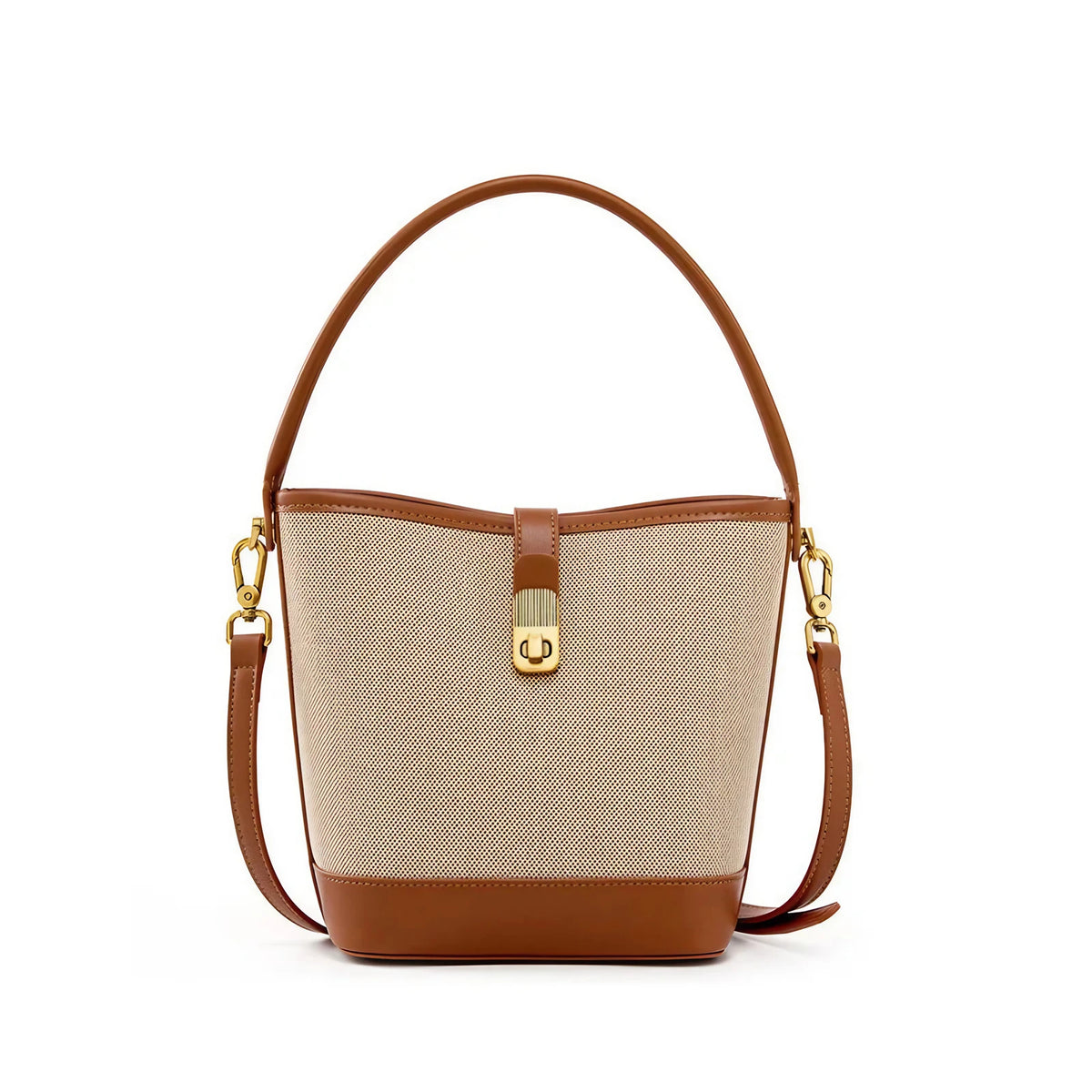 Petit sac seau femme en toile et similicuir, loquet doré, marron