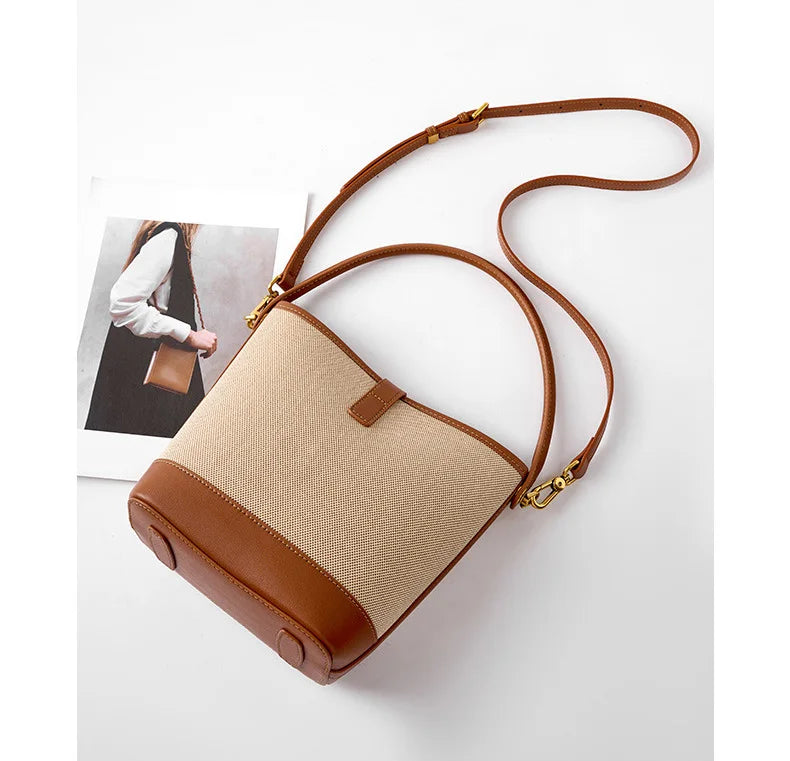 Petit sac seau femme en toile et similicuir, loquet doré
