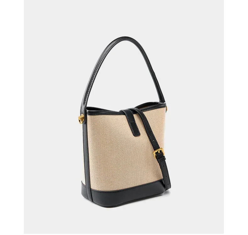Petit sac seau femme en toile et similicuir, loquet doré