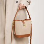 Petit sac seau femme en toile et similicuir, loquet doré